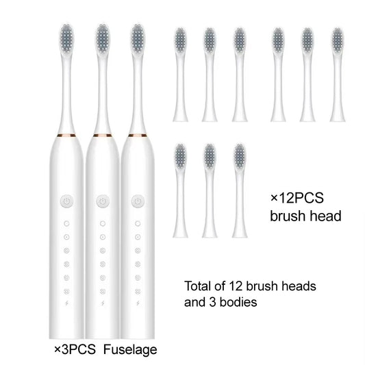 🦷 Electric Ultrasonic Toothbrush – 3 pc fuselage 12 pc brush heads | فرشاة أسنان كهربائية بالموجات فوق الصوتية – 3 قطع هيكل رئيسي و12 رأس فرشاة | 6 أوضاع، شحن USB، مقاومة للماء IPX7